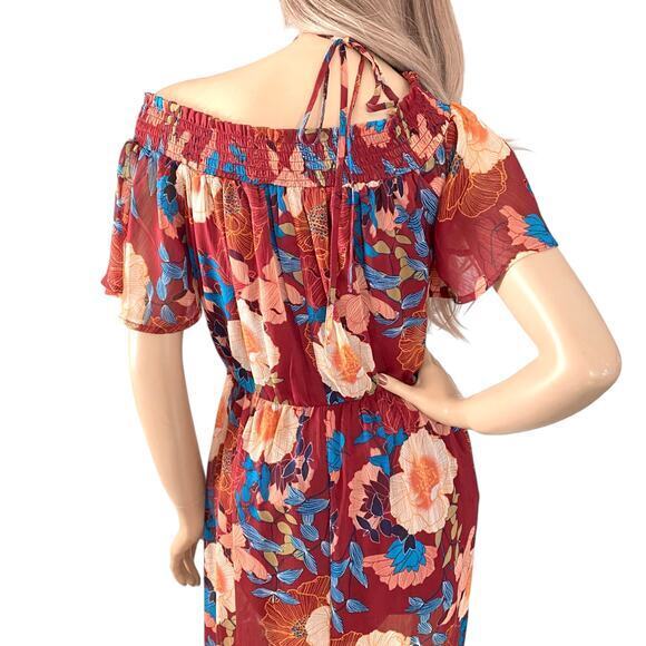 Y2K Fall Floral Maxi Dress S | Off Shoulder Burgundy Boho Cottagecore Prairie - Picture 5 of 9